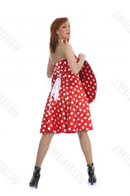 portrait redheaded with spotted dress