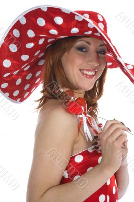 portrait redheaded with spotted dress