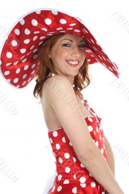 portrait redheaded with spotted dress