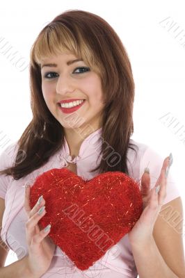 portrait redheaded with spotted dress