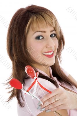 portrait redheaded with spotted dress