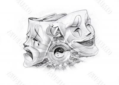 Two masks representing good and bad times