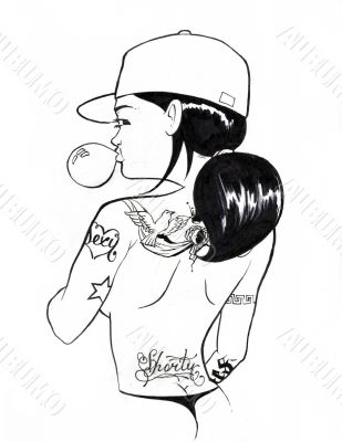 Danger tattooed girl wearing only cap