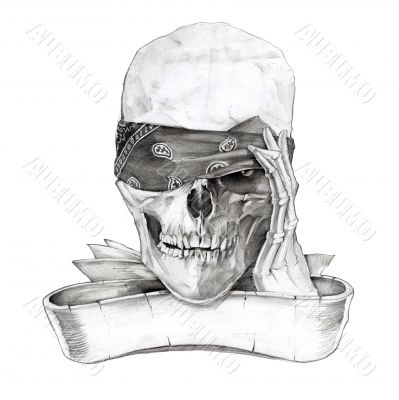 Black and white skull holding bandana