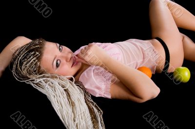 Portrait girl with apple and orange