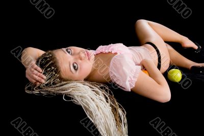 Portrait girl with apple and orange