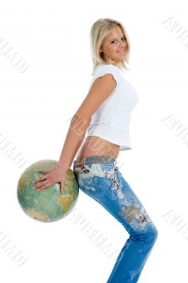Young woman with  globe