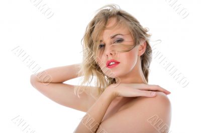 portrait of the nude blonde with blue eyes