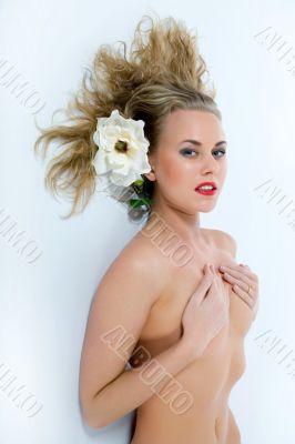 portrait of the nude blonde with blue eyes