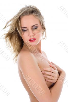 portrait of the nude blonde with blue eyes