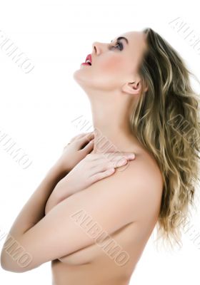 portrait of the nude blonde with blue eyes