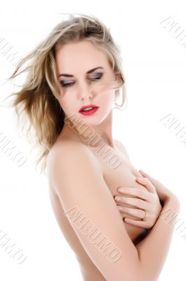 portrait of the nude blonde with blue eyes