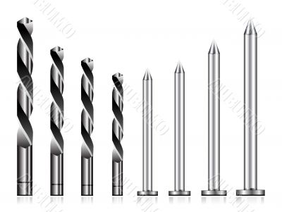 Realistic drill bit and steel nail 