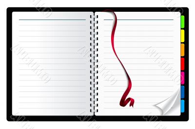 notebook paper with page curl and ribbon bookmark 