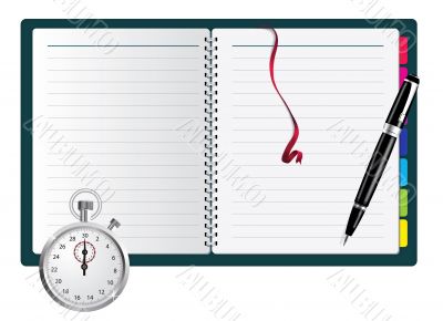 Pen, spiral notepad and stopwatch. Vector illustration. 