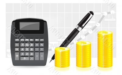 coin, pen and calculator 