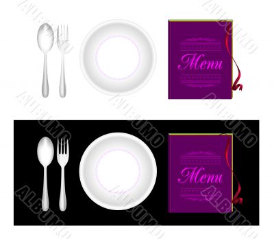 Plate, fork, spoon, menu