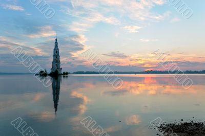 flooded belltower in Kalyazin at sunrise