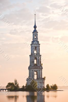 flooded belltower in Kalyazin at sunrise