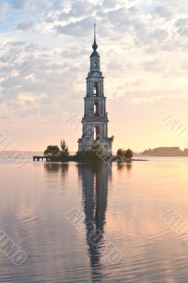 flooded belltower in Kalyazin at sunrise