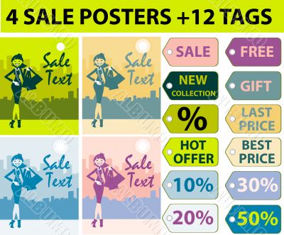 4 Sale posters &amp; 12 tag set, woman shopping in the city, backgro