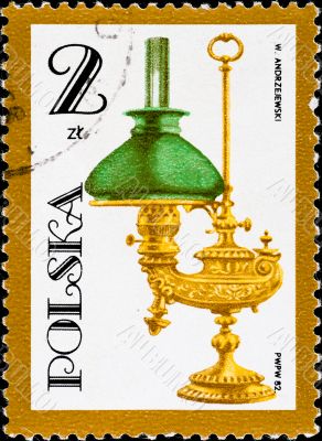 postage stamp shows vintage kerosene lamp