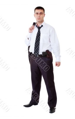 young man in black suit with gun