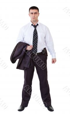 young man in black suit with gun