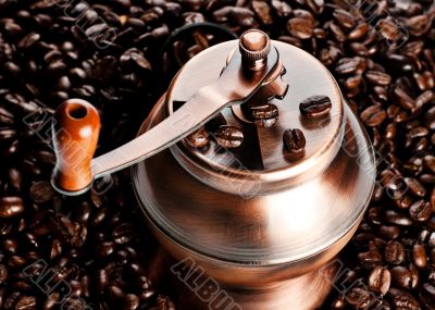 vintage coffee mill in beans