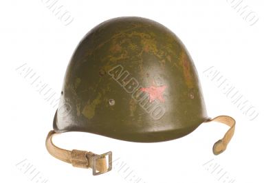 Russian army green helmet with red star on a white