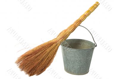 Old vintage traditional  bucket, broom.