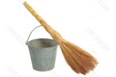 Old vintage traditional  bucket, broom.