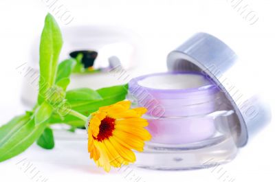 Closeup of jar of moisturizing face cream and fresh nasturtium f