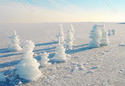 Frozen sea with ice sculptures in Finland