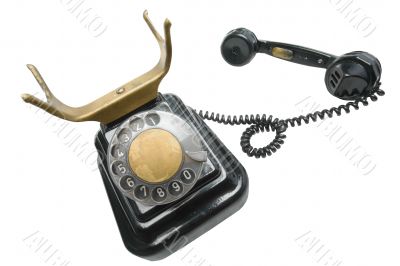 Old vintage black phone with disc dials with cliping path.