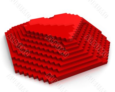 Pyramid with heart on top made of red cubic pixels,diagonal view