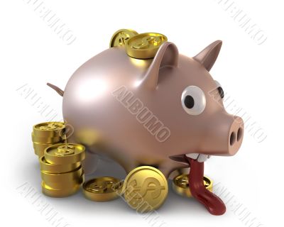 Unhappy overflown piggy bank full of coins 