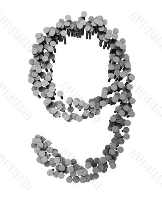 Alphabet made from hammered nails isolated, number 9 Alphabet made from hammered nails isolated, number 9