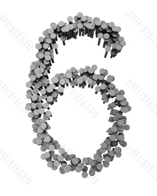 Alphabet made from hammered nails isolated, number 6 Alphabet made from hammered nails isolated, number 6