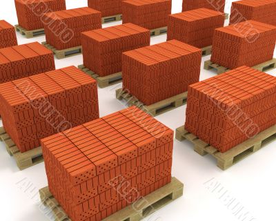 Lot of stacks of orange bricks with pallets isolated
