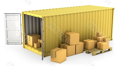 Yellow opened container with a lot of carton boxes
