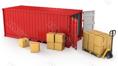 Red opened container and many of carton boxes on a pallet