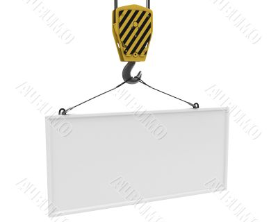 Yellow crane hook lifting white blank plane for text
