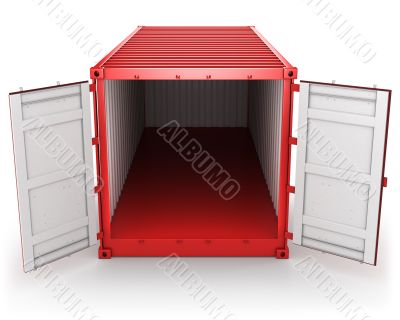 Opened red freight container isolated, front view