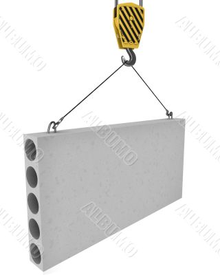 Crane hook lifts up concrete plate isolated