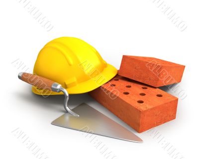 Bricks, trowel and a yellow plastic helmet 