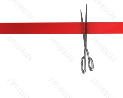 Scissors cut the red ribbon, top view