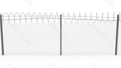 Chainlink fence with barbed wire on top, front view