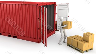 Worker unloads container