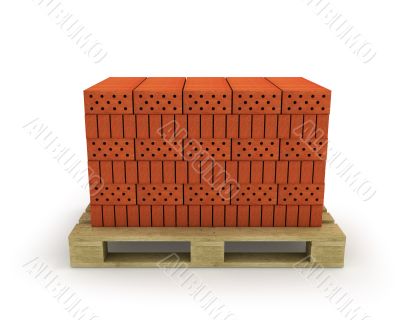 Stack of orange bricks on pallet, isolated on white 